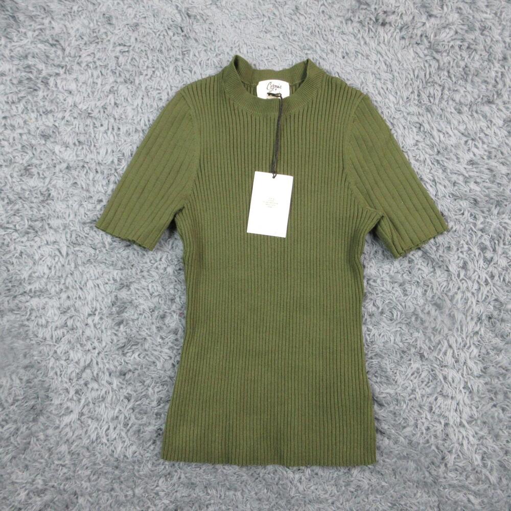 Cosmic Blue Love Sweater Womens Medium Green Mock Neck Ribbed Short Sleeve NWT